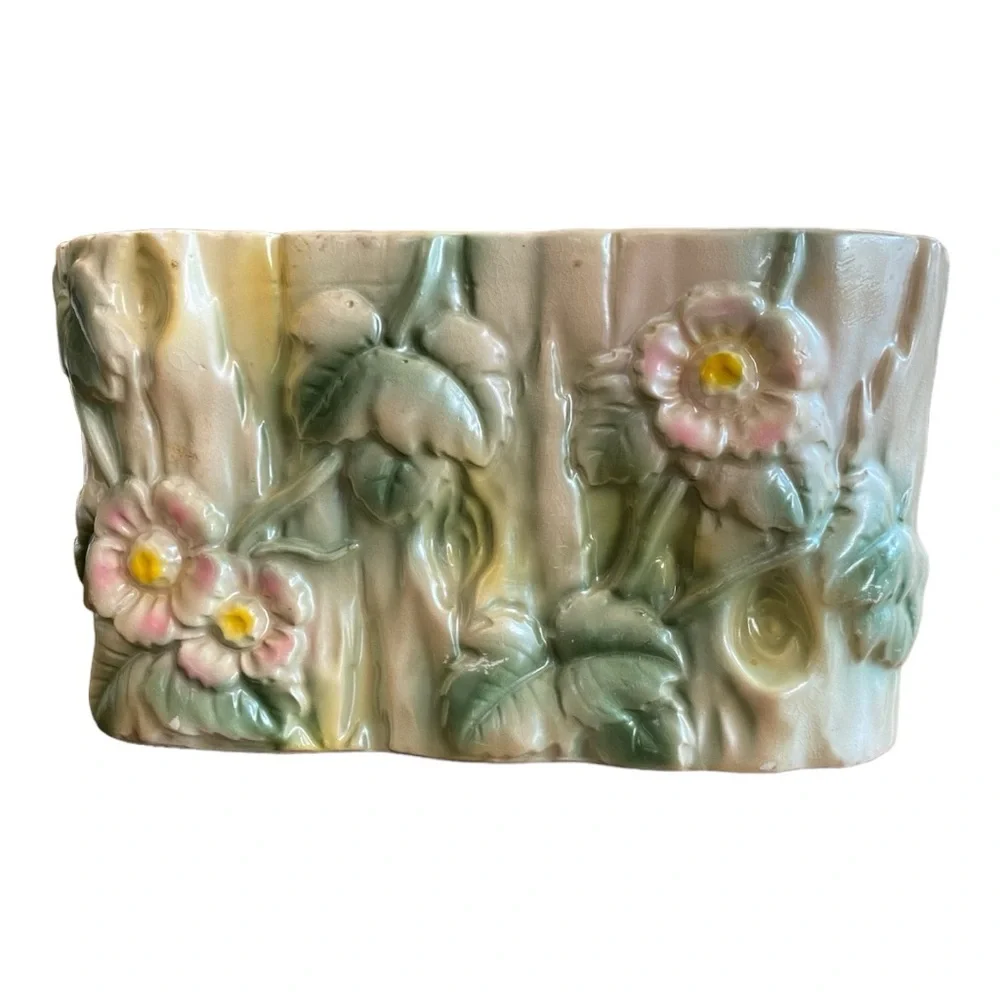 Vintage 1950s Wales Pottery Japan Floral Log Planter Cottagecore MCM